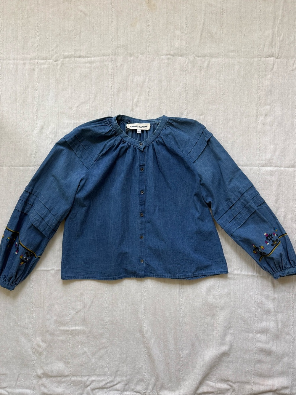 Caron Callahan embroidered indigo blouse
